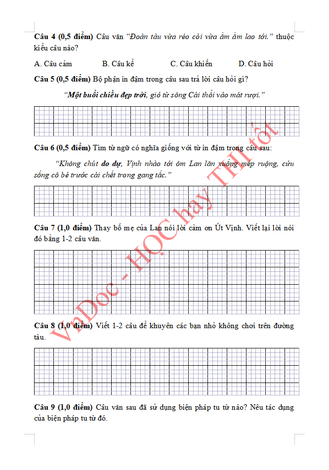 Đề ôn tập hè lớp 3 lên lớp 4 môn Tiếng Việt