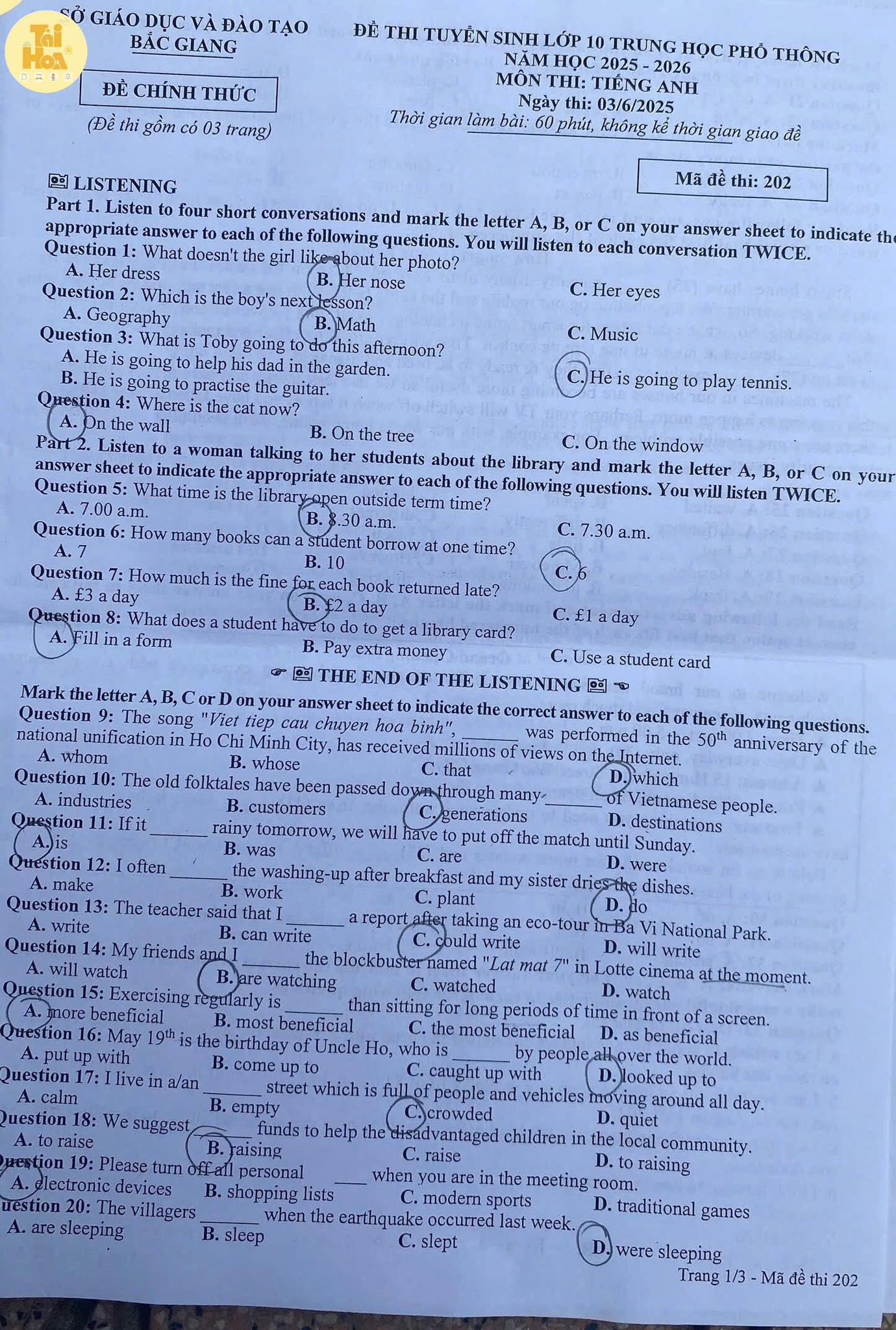 Đề thi tuyển sinh vào lớp 10 môn tiếng Anh Bắc Giang Chính thức 2025 minh họa 1