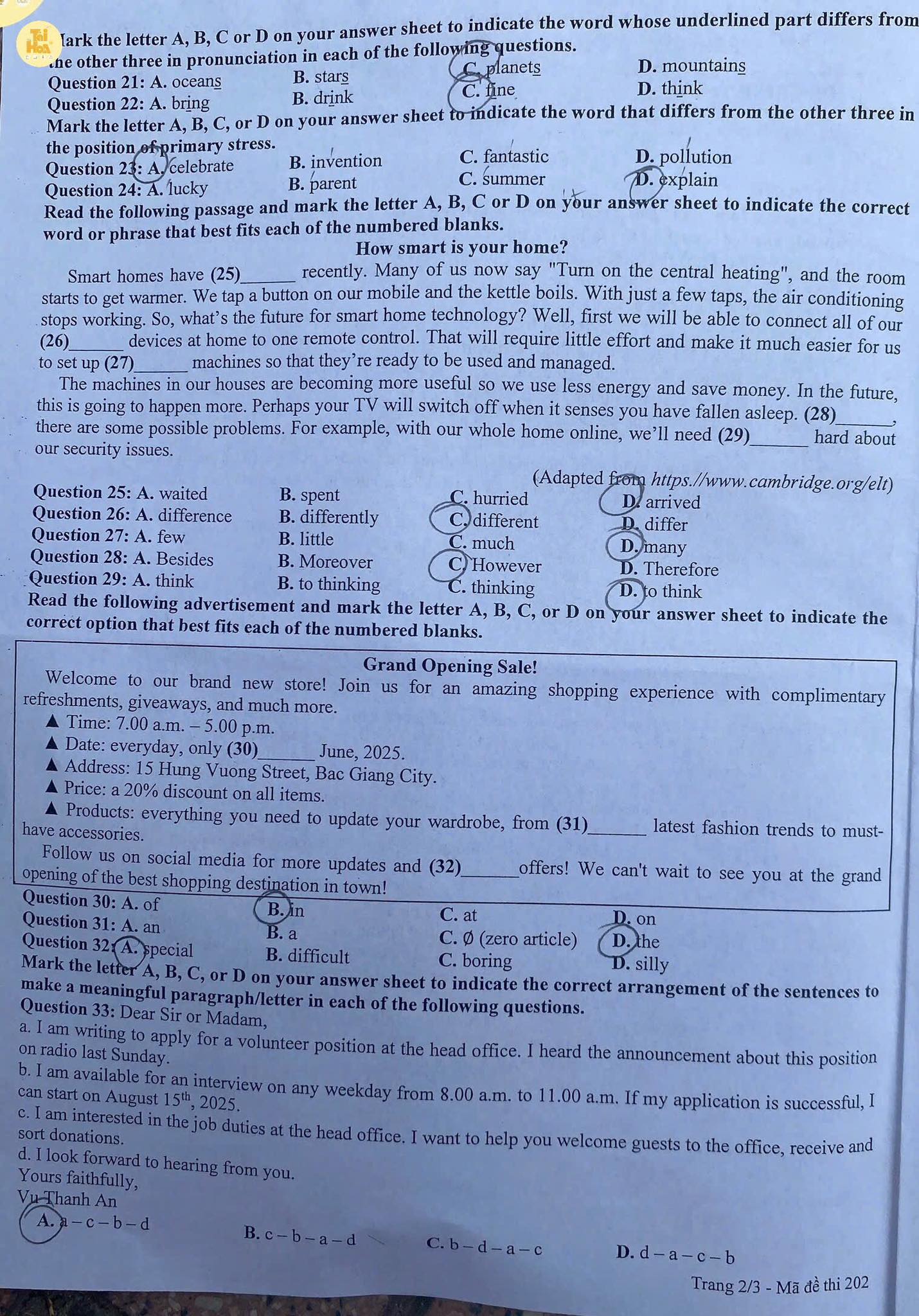Đề thi tuyển sinh vào lớp 10 môn tiếng Anh Bắc Giang Chính thức 2025 minh họa 2