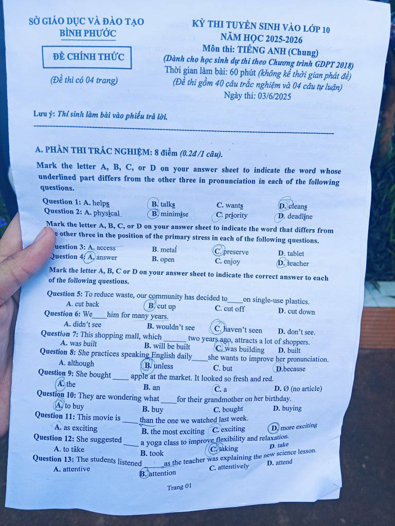 Đáp án đề thi tuyển sinh lớp 10 môn Anh Bình Phước năm 2025 minh họa 1