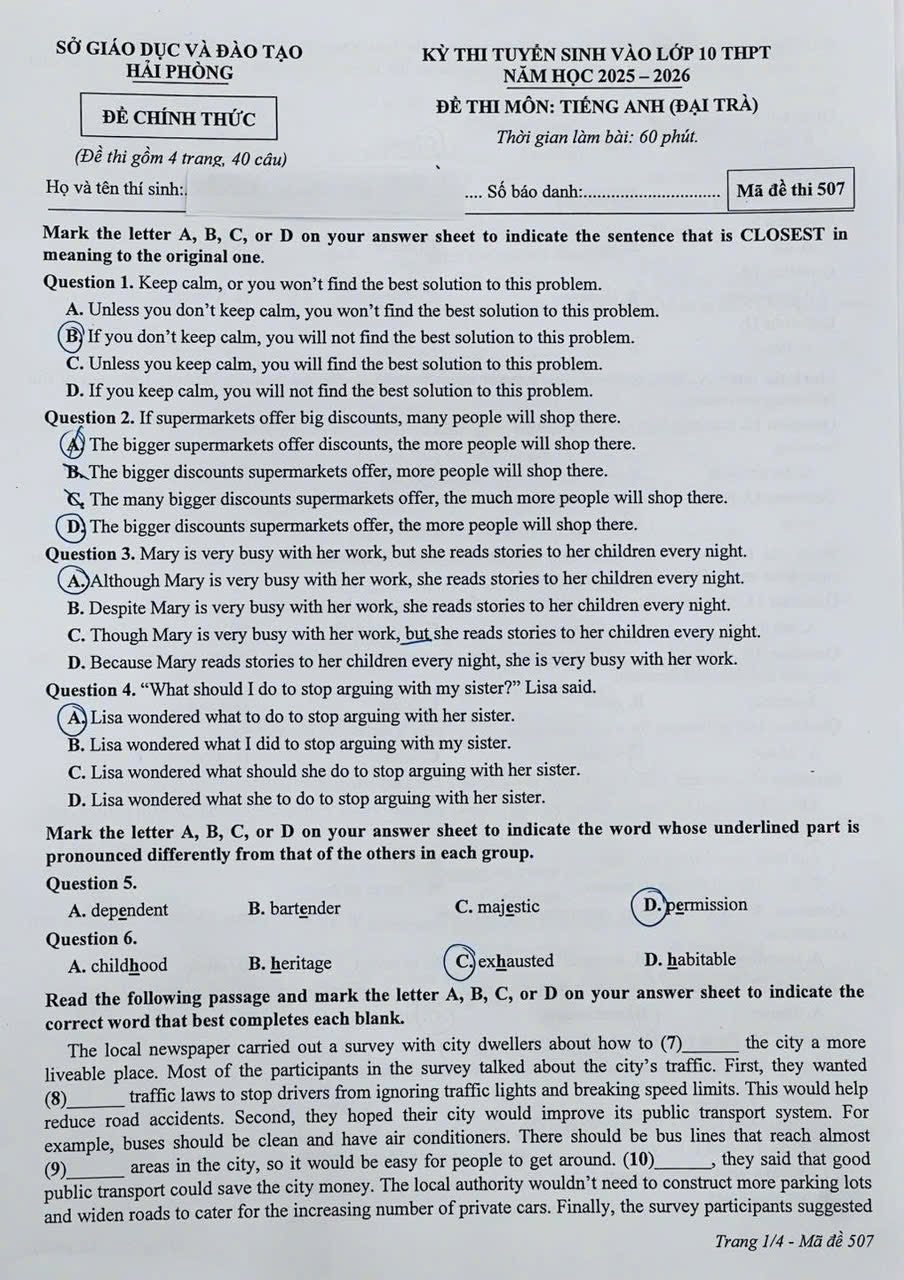 Đề thi tuyển sinh vào lớp 10 môn tiếng Anh Hải Phòng minh họa 1