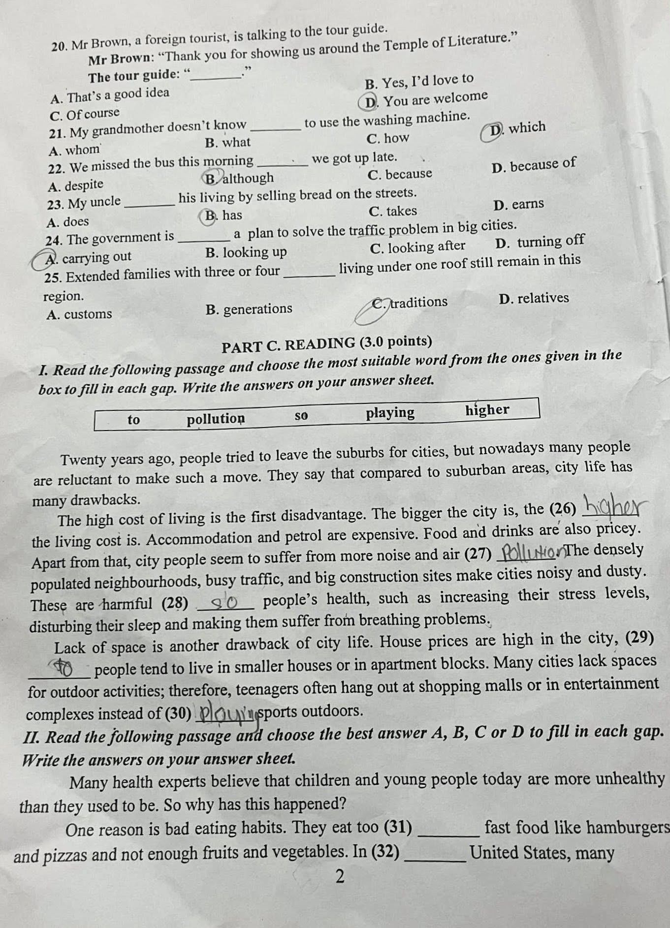 Đề thi tuyển sinh vào lớp 10 môn tiếng Anh Thanh Hóa minh họa 2