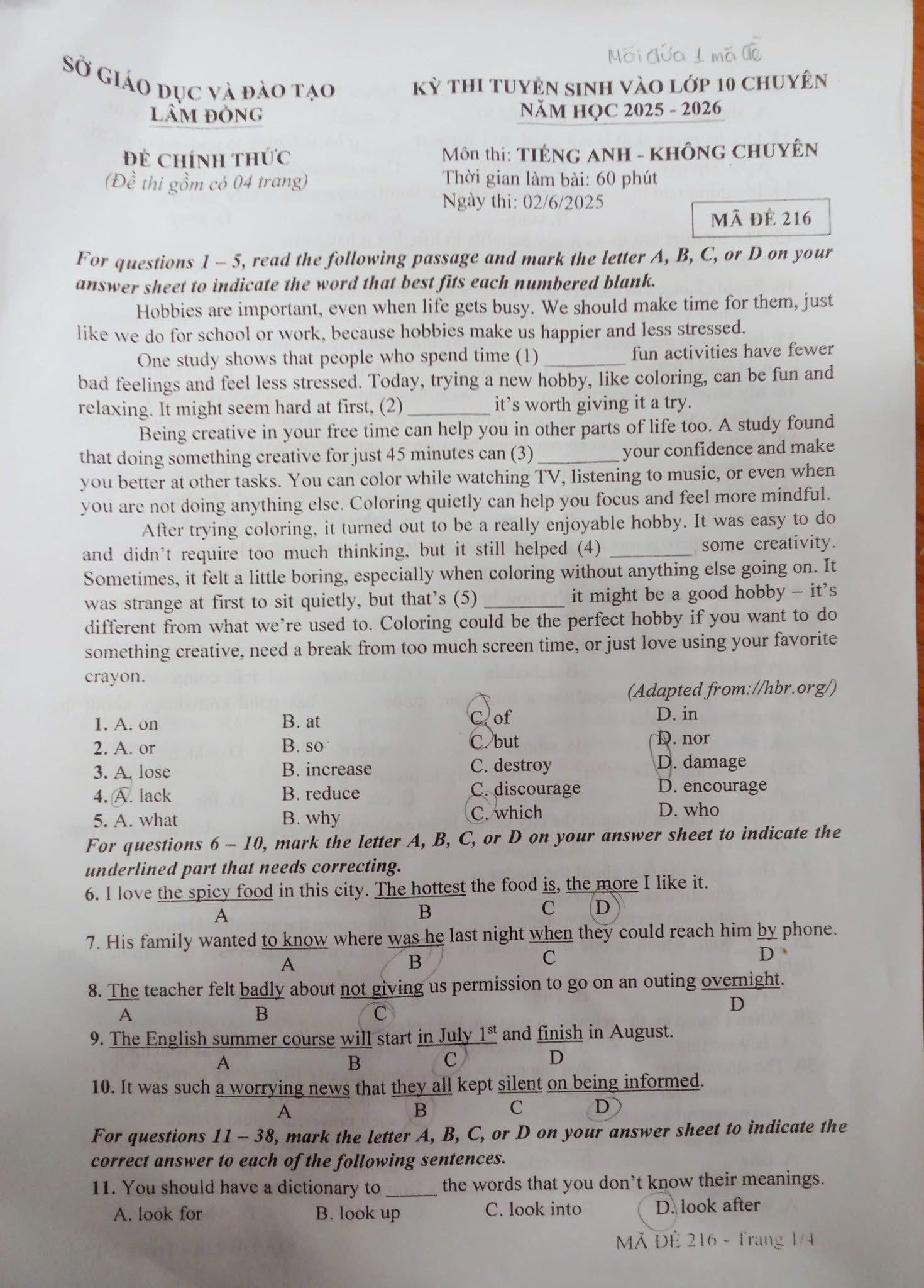 Đề thi tuyển sinh vào lớp 10 môn tiếng Anh Lâm Đồng minh hoạ 1