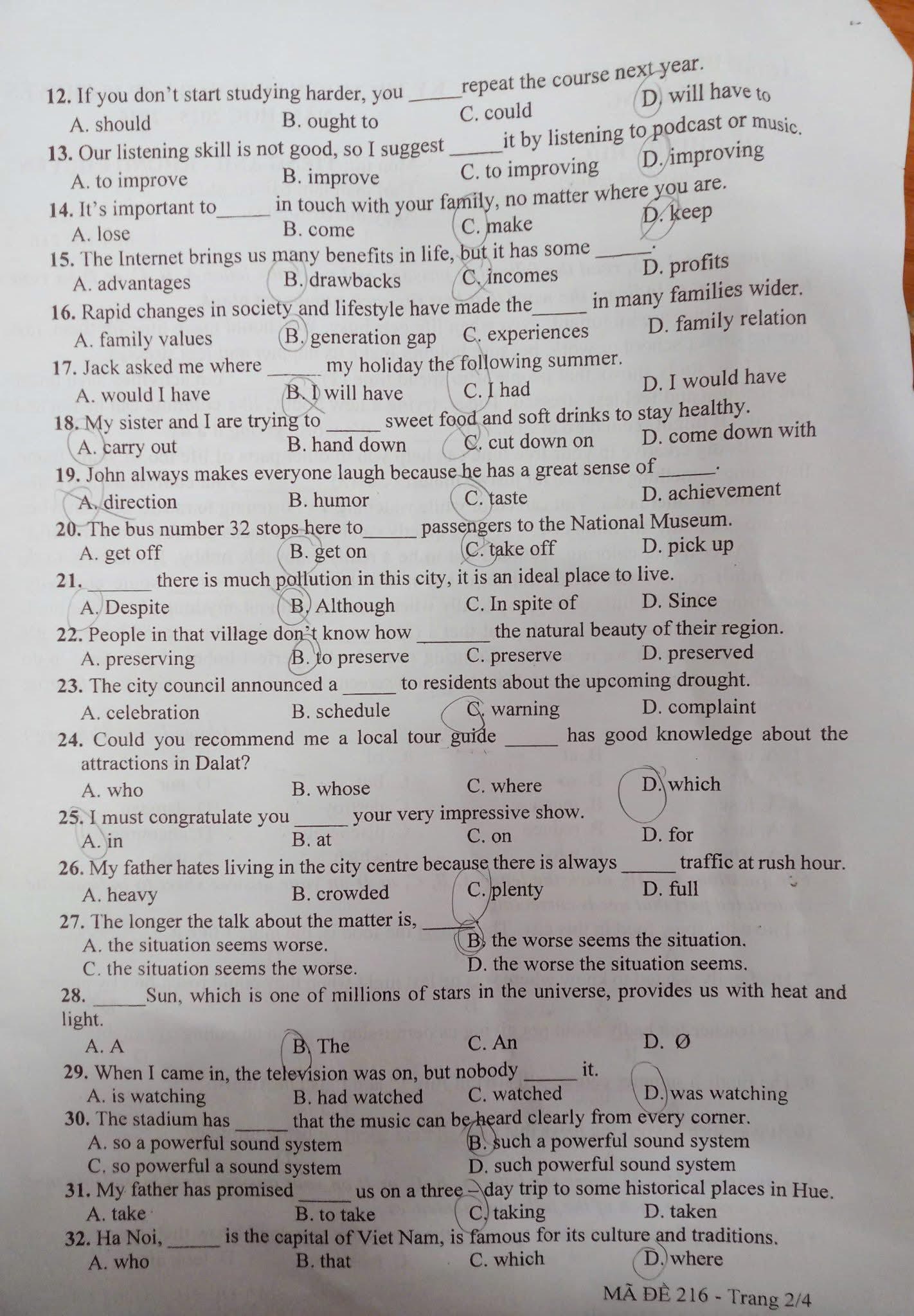 Đề thi tuyển sinh vào lớp 10 môn tiếng Anh Lâm Đồng minh hoạ 2