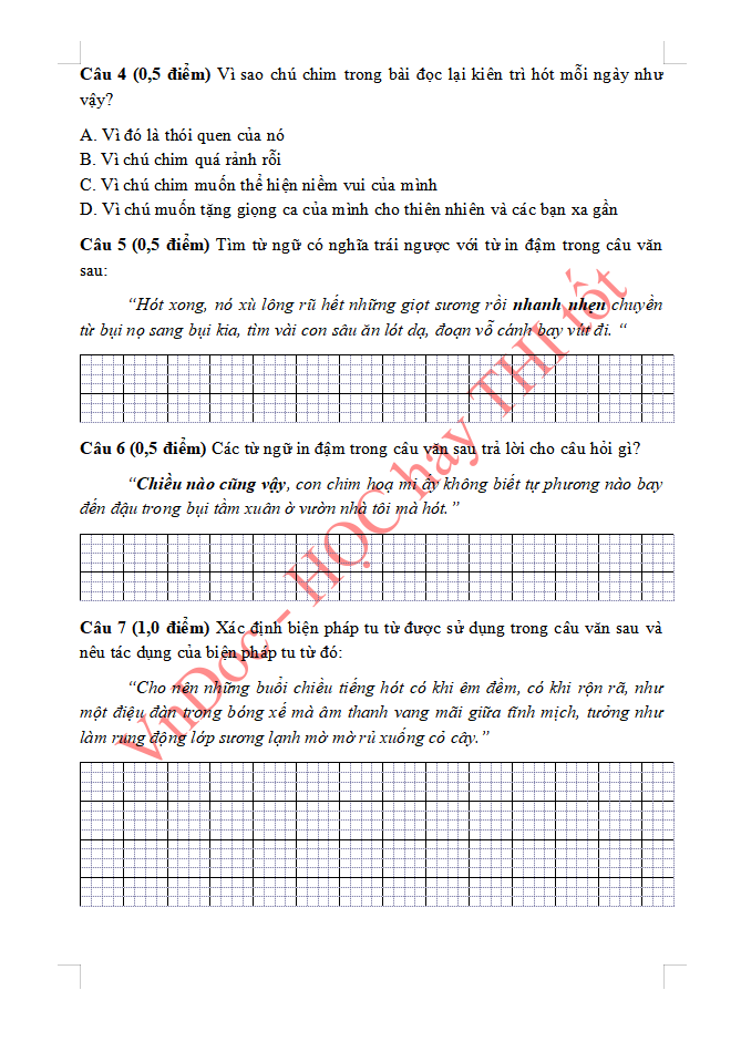 Đề ôn tập hè lớp 3 lên lớp 4 môn Tiếng Việt