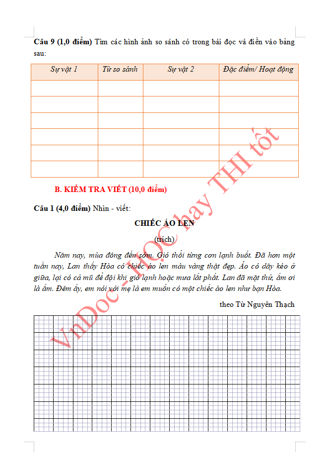 Đề ôn tập hè lớp 3 lên lớp 4 môn Tiếng Việt 