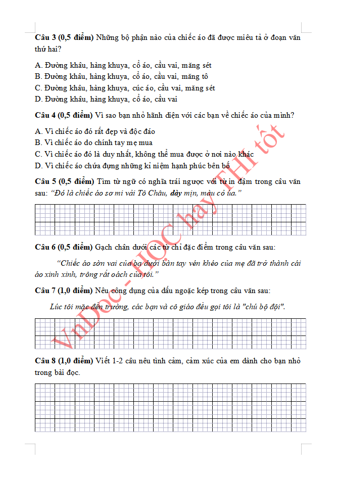Đề ôn tập hè lớp 3 lên lớp 4 môn Tiếng Việt 