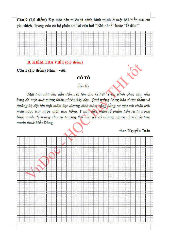Đề ôn tập hè lớp 3 lên lớp 4 môn Tiếng Việt