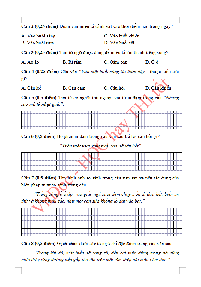 Đề ôn tập hè lớp 3 lên lớp 4 môn Tiếng Việt