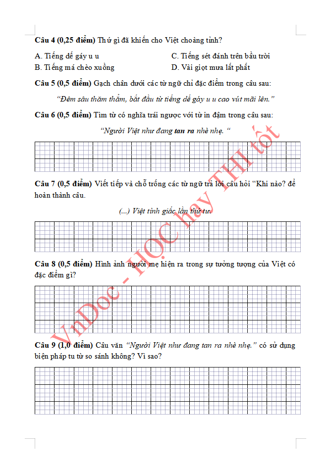 Đề ôn tập hè lớp 3 lên lớp 4 môn Tiếng Việt