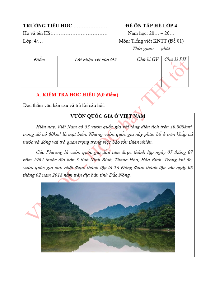 Bài tập ôn hè lớp 4 lên 5 môn Tiếng Việt