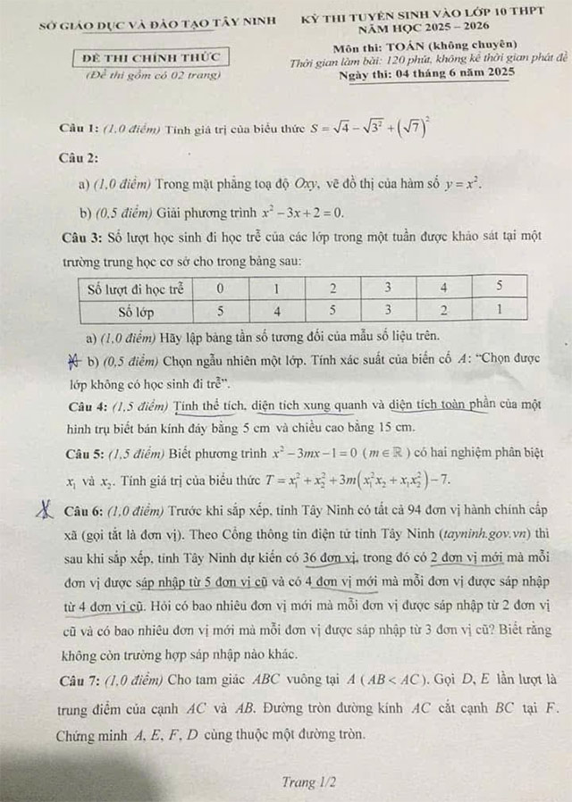 Đề thi vào lớp 10 môn Toán Tây Ninh năm 2025