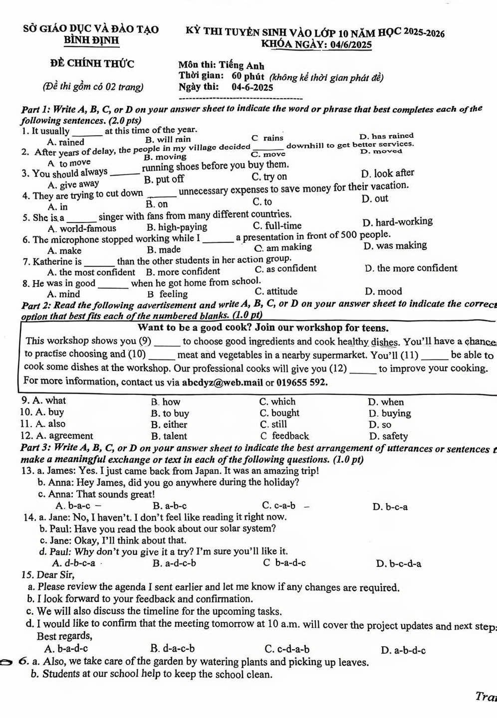 Đề thi tuyển sinh vào lớp 10 môn tiếng Anh Bình Định Chính thức 2025 minh họa 1