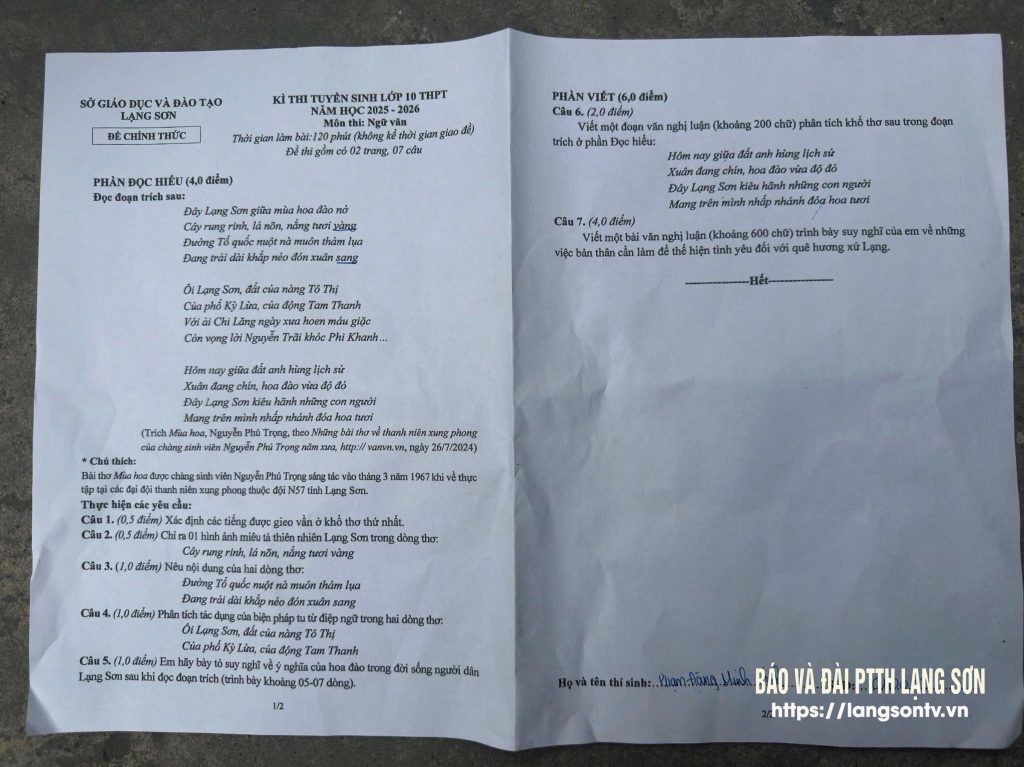 Đề thi chính thức môn Ngữ Văn vào 10 Lạng Sơn 2025