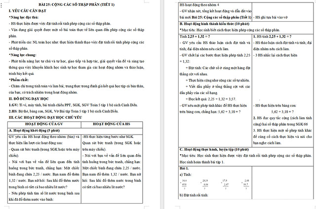 Giáo án Toán 5 Cộng các số thập phân