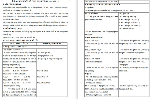 Giáo án Toán 5 Nhân một số thập phân với 10, 100, 1000,.…