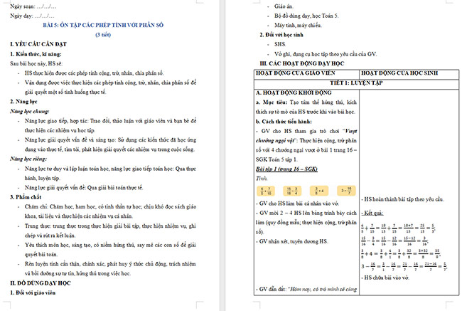 Giáo án Toán 5 Ôn tập các phép tính với phân số