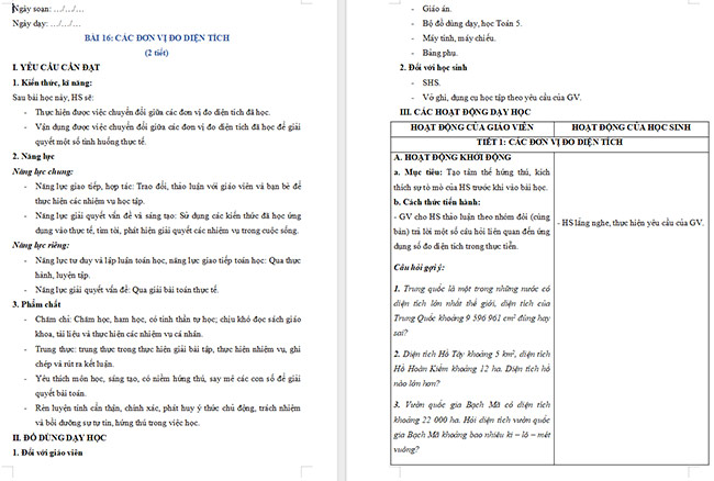 Giáo án Toán 5 Các đơn vị đo diện tích
