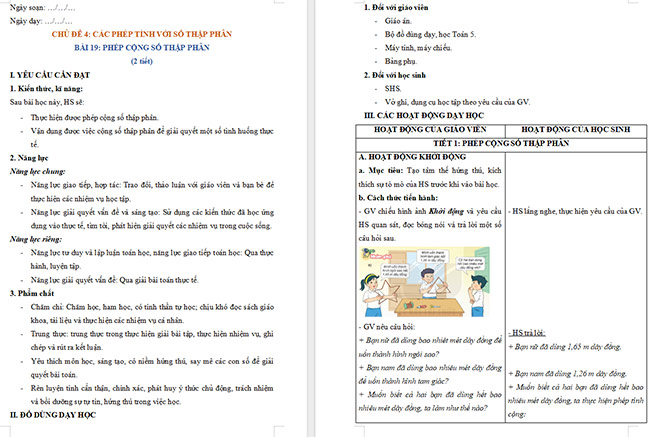 Giáo án Toán 5 Phép cộng số thập phân