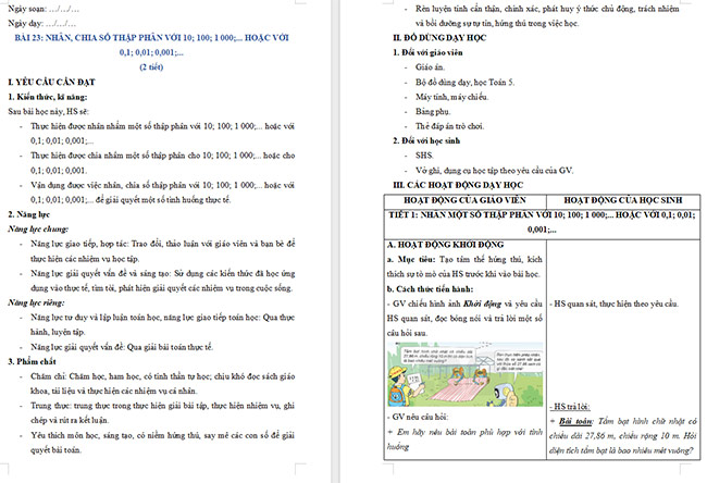 Giáo án Toán 5 Nhân, chia số thập phân với 10; 100; 1000;... hoặc với 0,1; 0,01; 0,001;...
