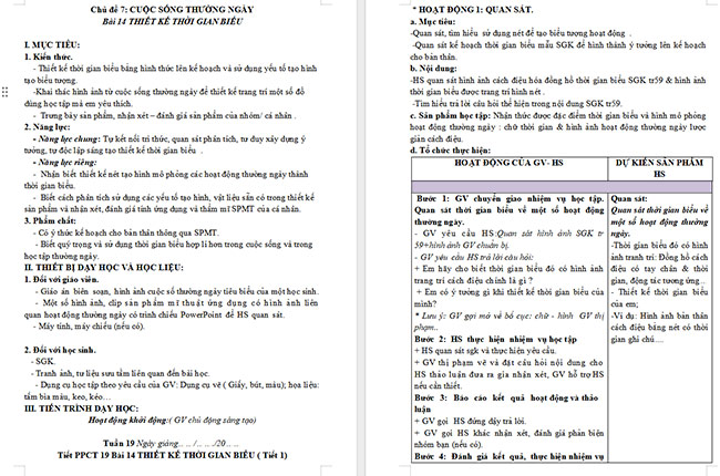 Giáo án Mĩ thuật 6 Thiết kế thời gian biểu