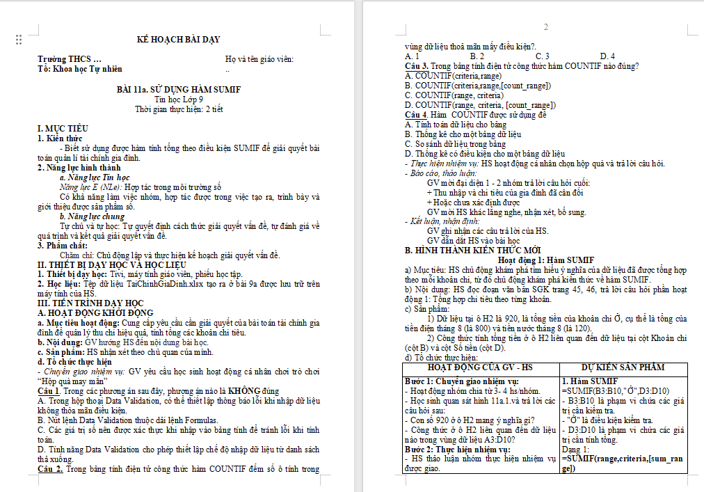 Sử dụng hàm SUMIF