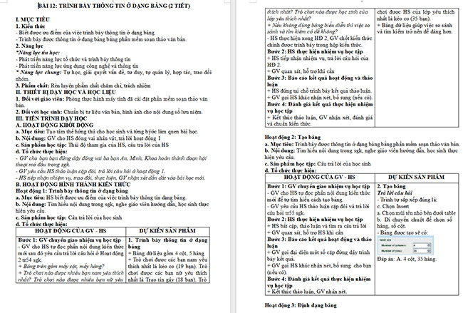 Giáo án Tin học 6 Trình bày thông tin ở dạng bảng