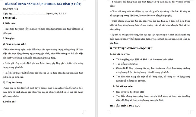 Giáo án Công nghệ 6 Bài 2: Sử dụng năng lượng trong gia đình