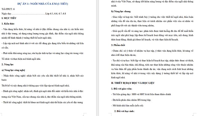 Giáo án Công nghệ 6 Dự án 1: Ngôi nhà của em