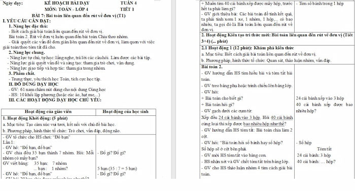 Giáo án Toán 4 Bài toán liên quan đến rút về đơn vị (tiếp theo)