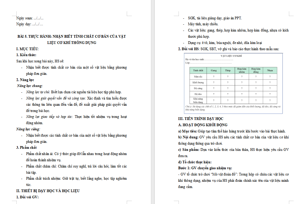 Thực hành nhận biết tính chất cơ bản của vật liệu cơ khí thông dụng