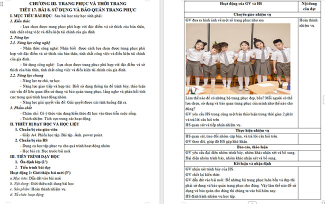 Giáo án Công nghệ 6 Bài 8: Sử dụng và bảo quản trang phục