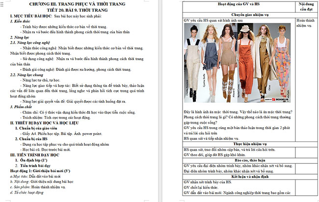 Giáo án Công nghệ 6 Bài 9: Thời trang