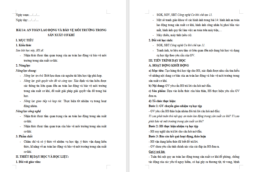 Giáo án PowerPoint Công nghệ Cơ khí 11 Bài 14