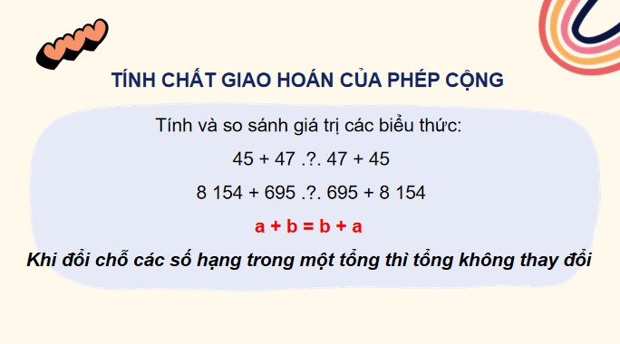 PowerPoint Toán 4 Bài 13: Tính chất giao hoán, tính chất kết hợp của phép cộng