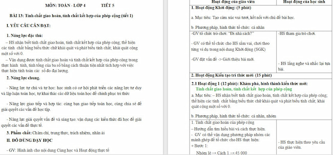 Giáo án Toán 4 Bài 13: Tính chất giao hoán, tính chất kết hợp của phép cộng