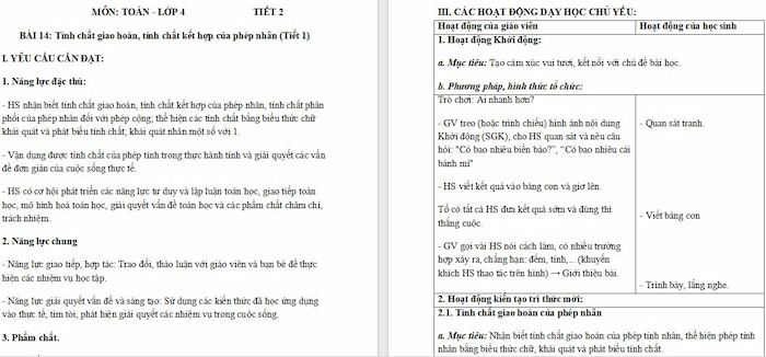Giáo án Toán 4 Bài 14: Tính chất giao hoán, tính chất kết hợp của phép nhân