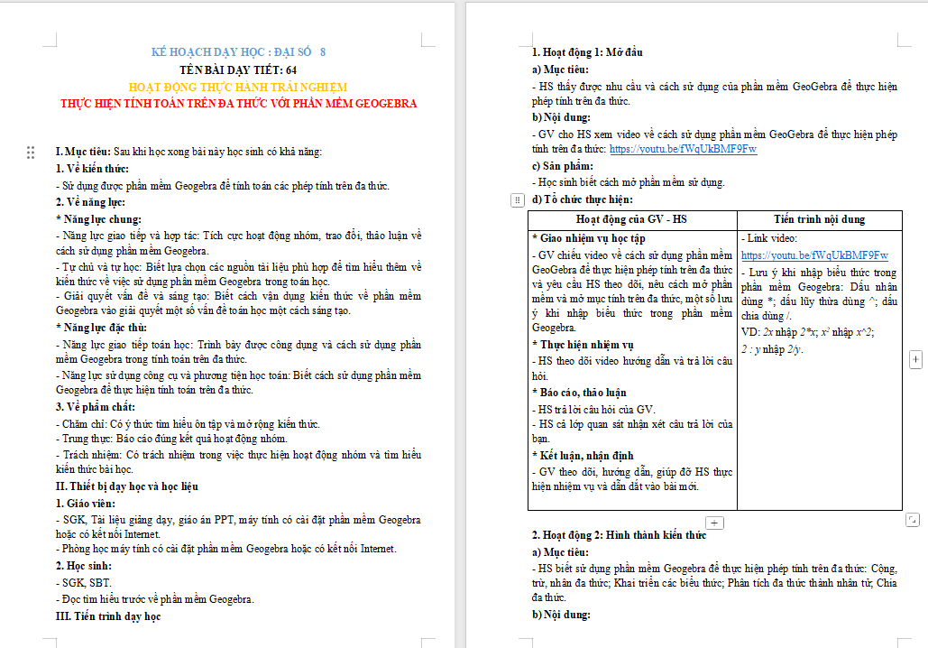 Thực hiện tính toán trên đa thức với phần mềm GeoGebra
