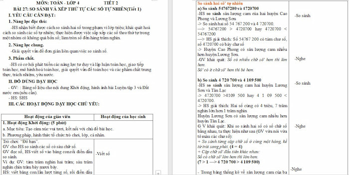 Giáo án Toán 4 Bài 27: So sánh và xếp thứ tự các số tự nhiên