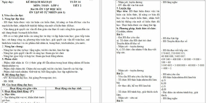 Giáo án Toán 4 Bài 38: Ôn tập học kì 1