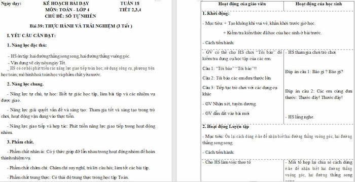 Giáo án Toán 4 Bài 39: Thực hành và trải nghiệm