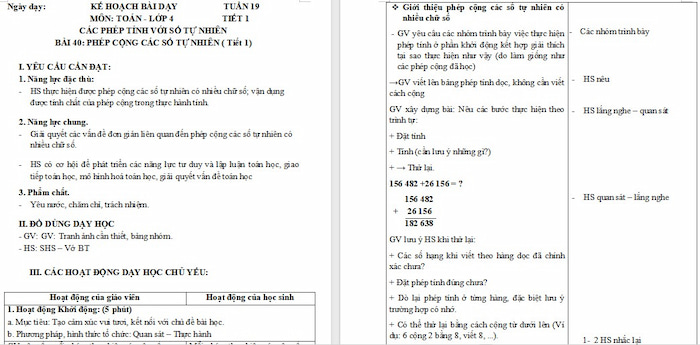 Giáo án Toán 4 Bài 40: Phép cộng các số tự nhiên