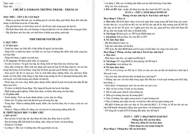 Giáo án HĐTN 6: Trở thành người lớn