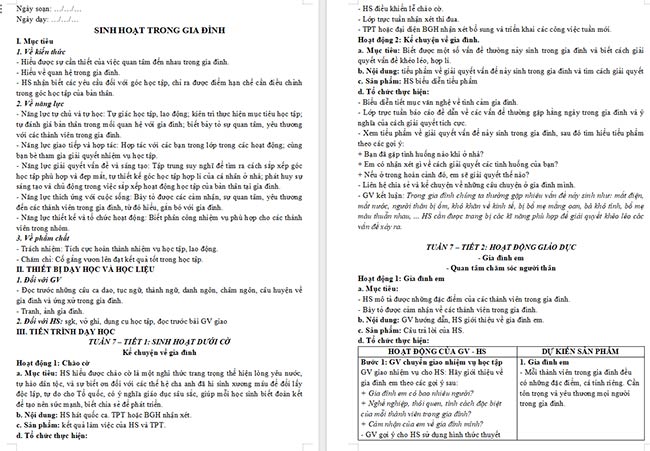 Giáo án HĐTN 6: Sinh hoạt trong gia đình