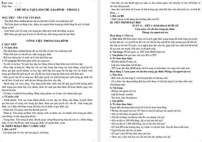 Giáo án HĐTN 6: Công việc trong gia đình
