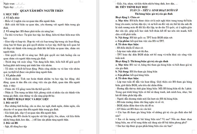 Giáo án HĐTN 6: Quan tâm đến người thân