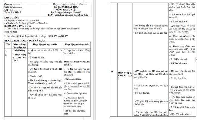 Giáo án Tiếng Việt 2 Viết đoạn văn giới thiệu bản thân