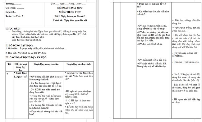 Giáo án Tiếng Việt 2 Viết Ngày hôm qua đâu rồi?