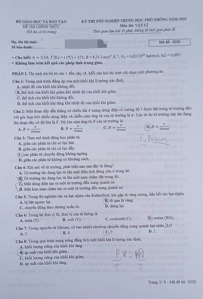 Đề thi môn Vật lí THPT Quốc gia 2025