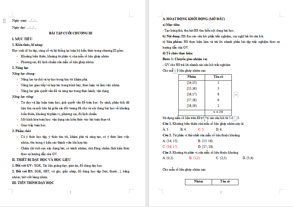 Giáo án Toán 12 Bài tập cuối chương 3